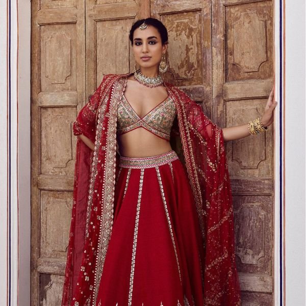 Red bridal lehenga choli with heavy golden embroidery and traditional dupatta, Indian wedding wear outfit for bride