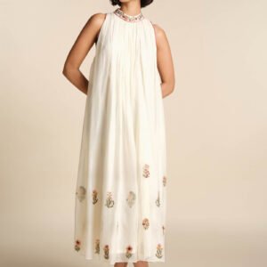 Ivory sleeveless embroidered midi dress with floral motifs and high neckline, elegant festive wear for women