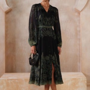 Black embroidered midi dress with green forest-inspired detailing and sheer sleeves, elegant designer festive wear for women