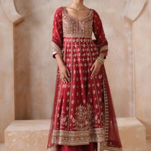 Traditional red Anarkali suit with heavy gold embroidery and matching dupatta for bridal and festive wear.