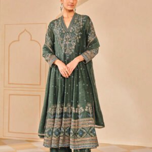 Dark green embroidered kurta set with palazzo pants, traditional Indian festive wear for women