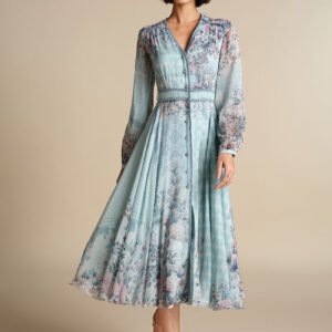 Pastel blue floral midi dress for women with long sleeves and elegant flowy design, designer casual and festive wear