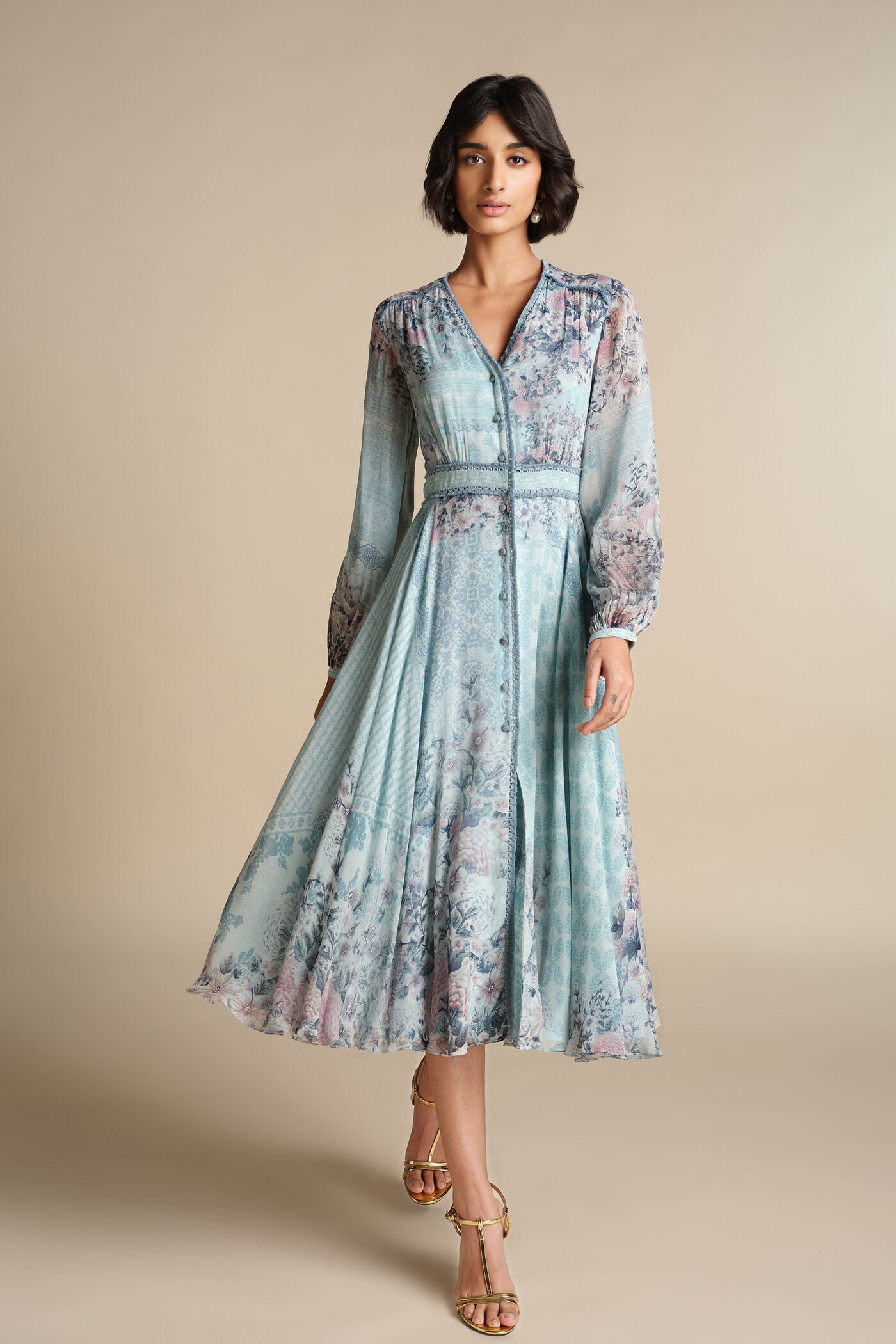 Pastel blue floral midi dress for women with long sleeves and elegant flowy design, designer casual and festive wear