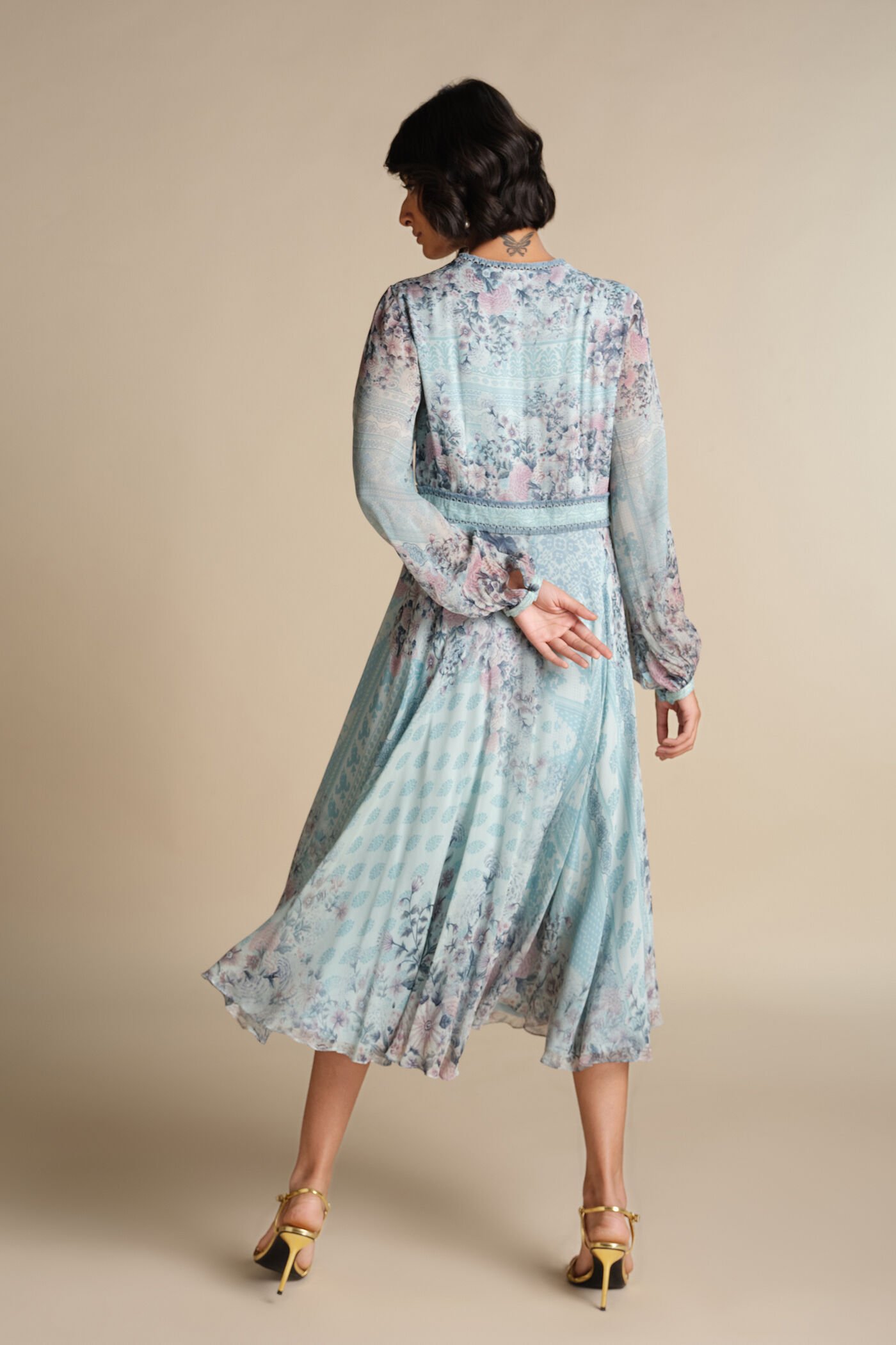 Pastel blue floral midi dress for women with long sleeves and elegant flowy design, designer casual and festive wear