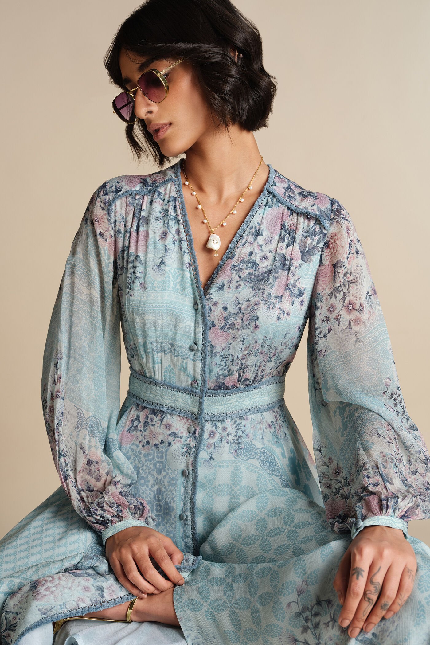 Pastel blue floral midi dress for women with long sleeves and elegant flowy design, designer casual and festive wear