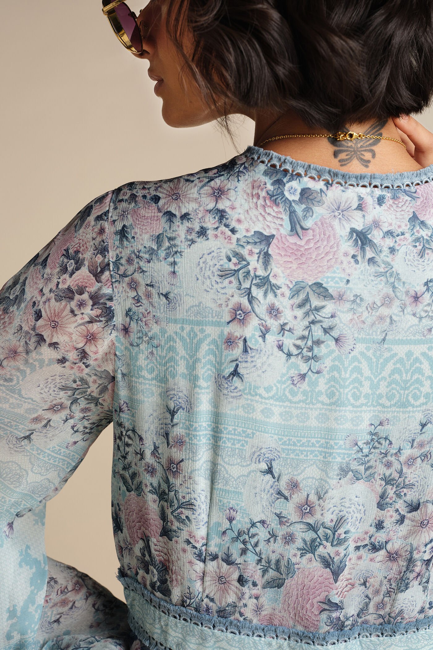 Pastel blue floral midi dress for women with long sleeves and elegant flowy design, designer casual and festive wear