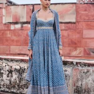 Blue printed Anarkali suit with dupatta and palazzo, traditional Indian ethnic wear for wome