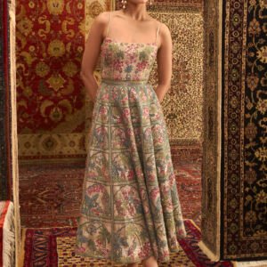 Luxury embroidered midi dress with traditional Indian heritage motifs and floral detailing, designer festive wear for women