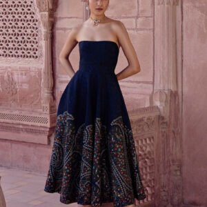 Black strapless embroidered midi dress with traditional Indian floral motifs, designer ethnic party wear for women