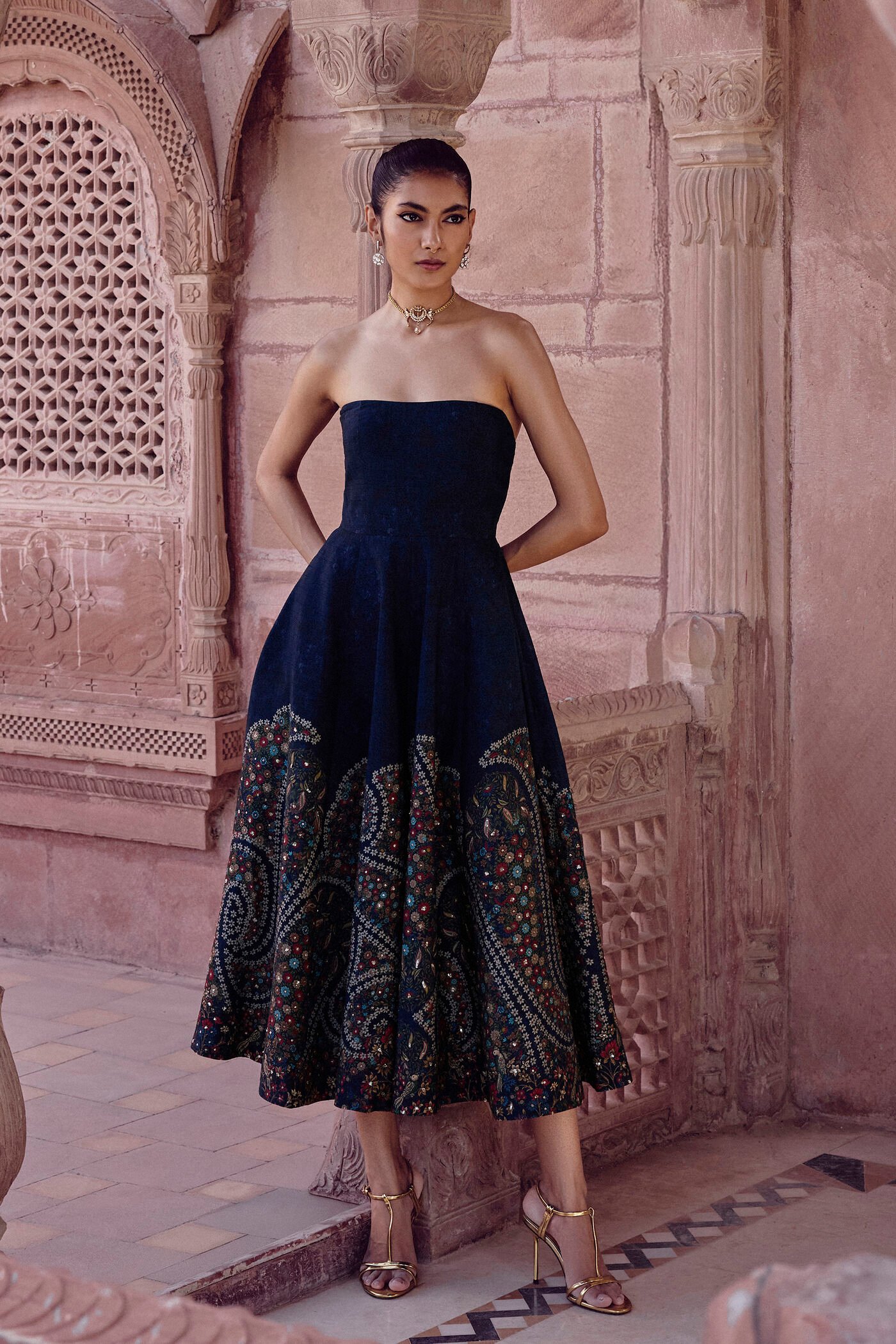 Black strapless embroidered midi dress with traditional Indian floral motifs, designer ethnic party wear for women