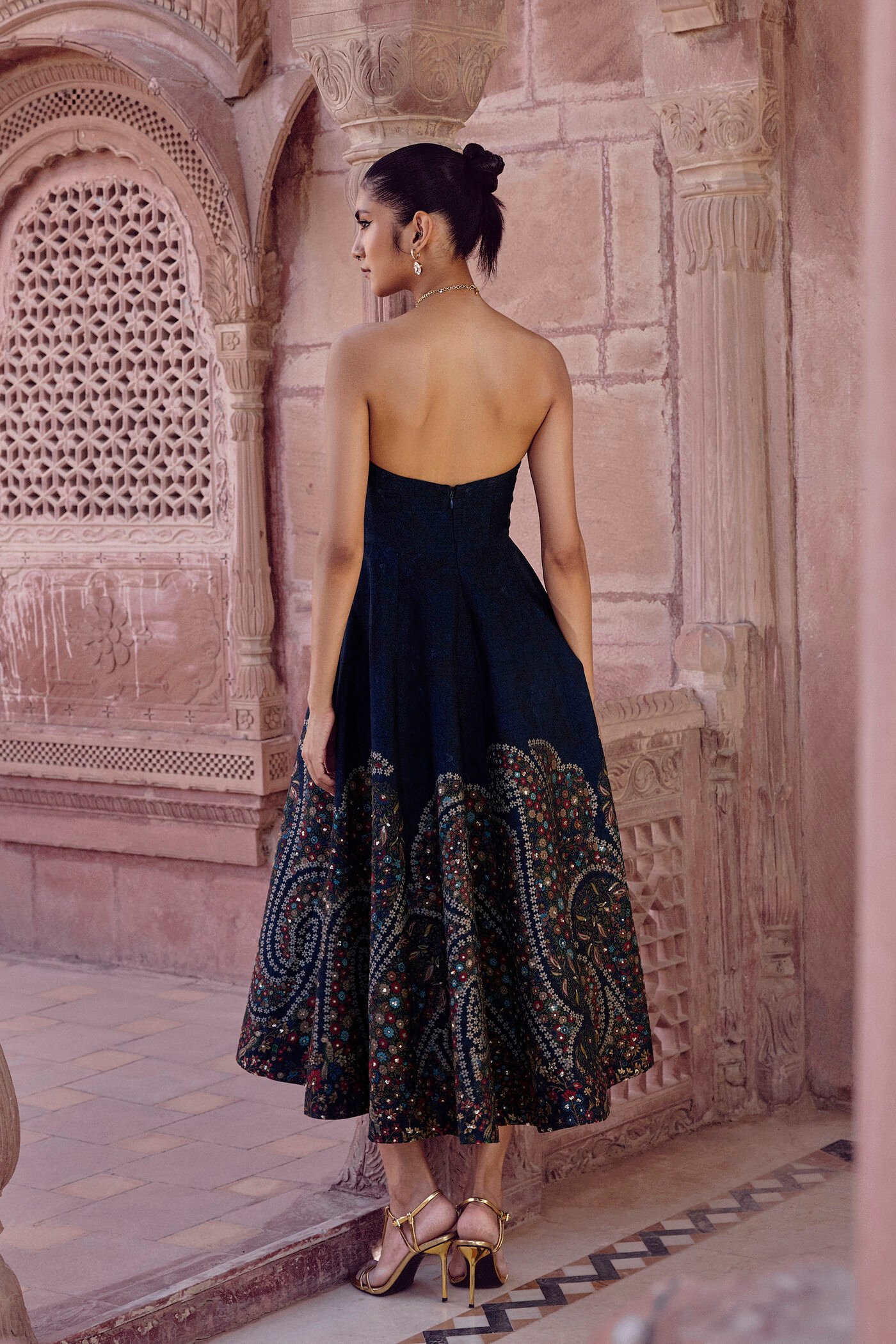 Black strapless embroidered midi dress with traditional Indian floral motifs, designer ethnic party wear for women