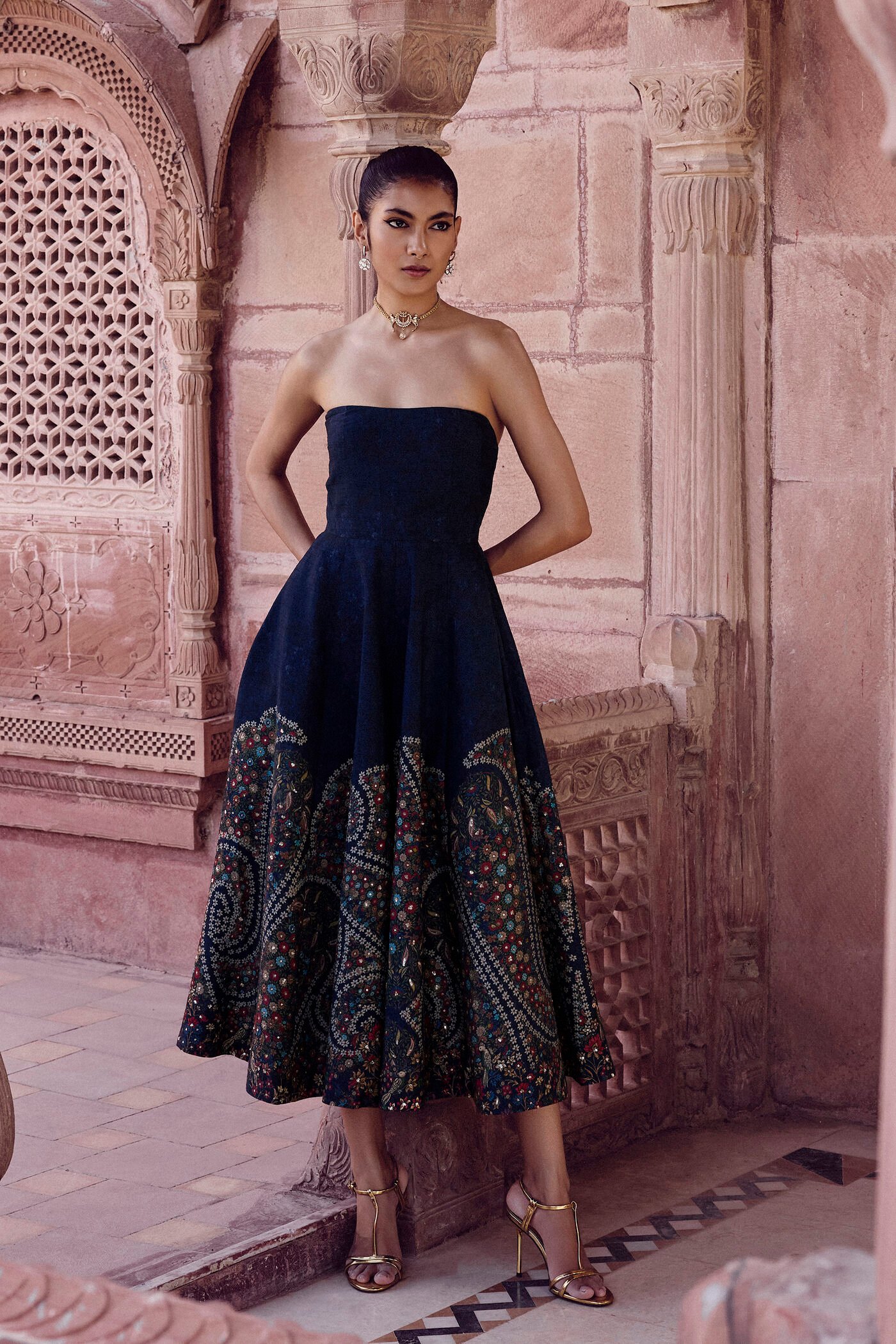 Black strapless embroidered midi dress with traditional Indian floral motifs, designer ethnic party wear for women