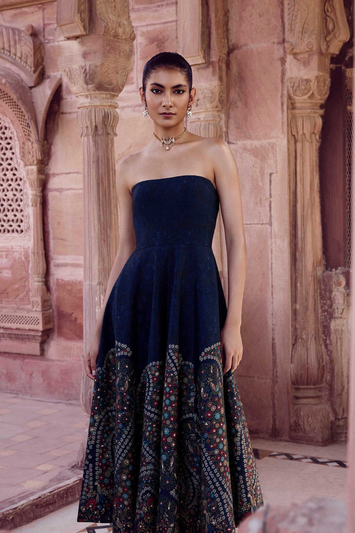 Black strapless embroidered midi dress with traditional Indian floral motifs, designer ethnic party wear for women