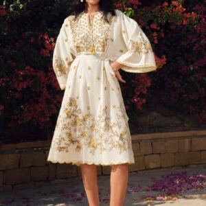 Ivory embroidered ethnic dress with golden floral detailing, traditional Indian festive wear for women